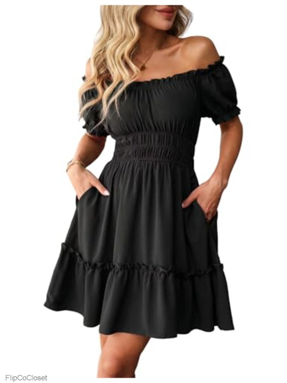 Off Shoulder Smocked Waist Mini Sundress with Pockets Wedding Guest Vacation